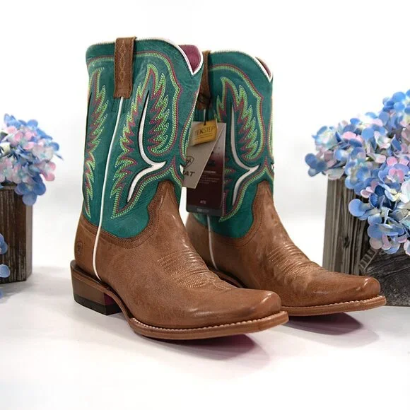 Ariat Futurity Colt Embroidered Cenote Blue Tan Leather Western Cowboy Boots 9.5 - Picture 2 of 12